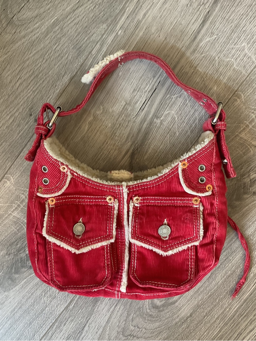 GAP Y2K Red Mini Corduroy Utility Hobo Style Bag with Sherpa lining .